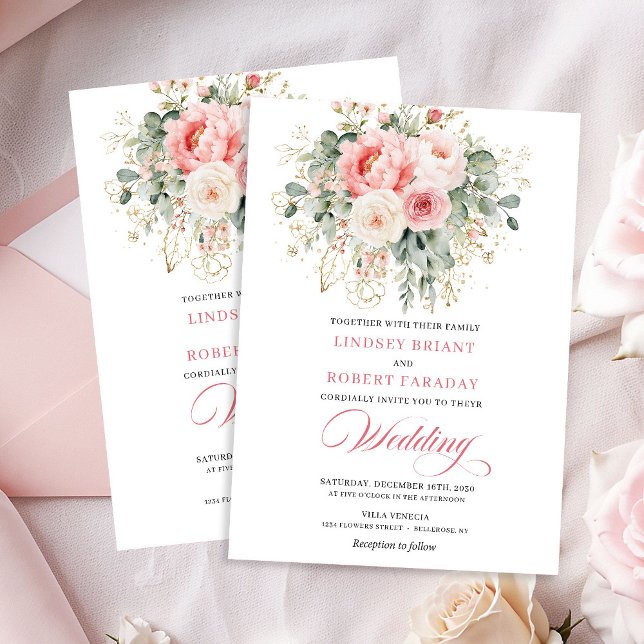 Invitación de boda floral dorada con rubor refinad (Refined Blush Floral Gold Wedding Invitation)