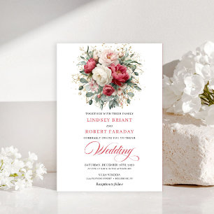 Invitación de boda floral dorada con rubor rojo cl
