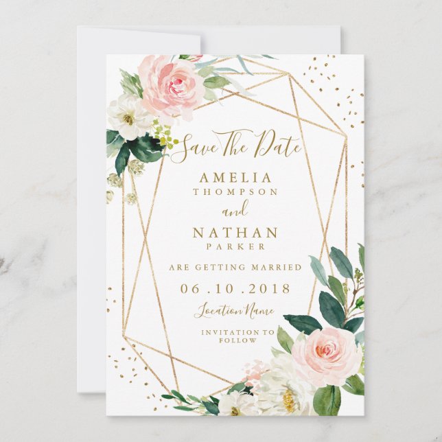 Invitación de boda floral dorada con toque geométr (Anverso)