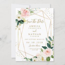 Invitación de boda floral dorada con toque geométr