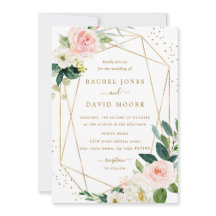 Invitación de boda floral dorada con toque geométr