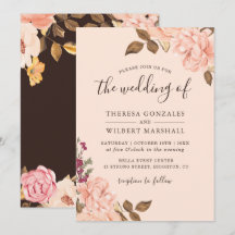 Invitación de boda floral dorada con toque otoñal