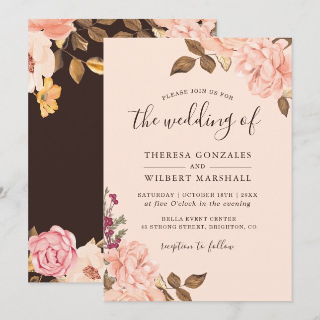 Invitación de boda floral dorada con toque otoñal (Anverso / Reverso)