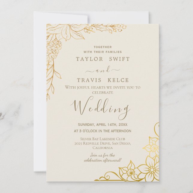 Invitación de boda floral dorada crema y oro (Anverso)