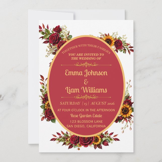 Invitación de boda floral dorada de Borgoña (Anverso)