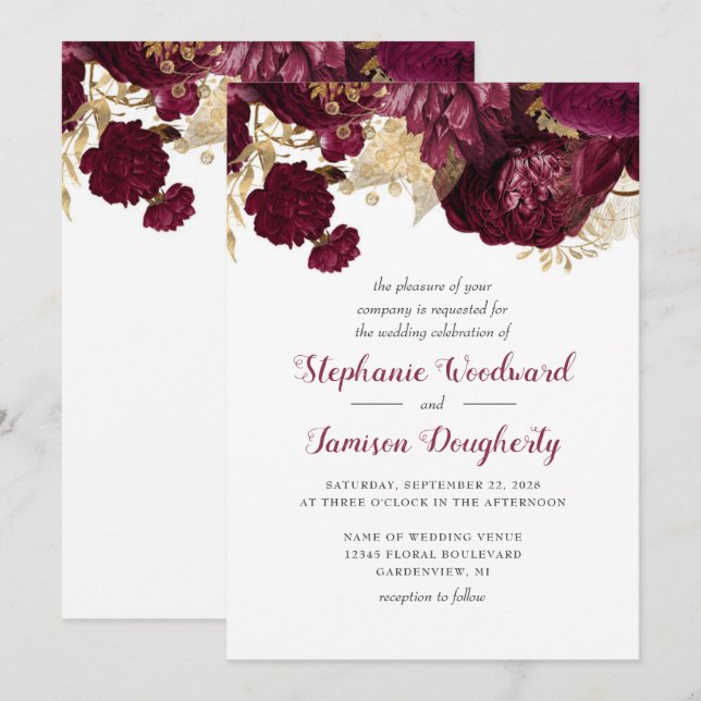Invitación de boda floral dorada de Borgoña (Anverso / Reverso)