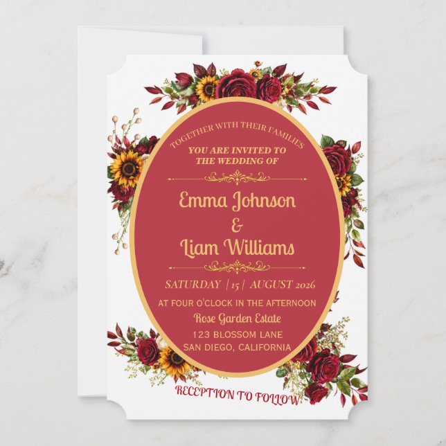 Invitación de boda floral dorada de Borgoña (Anverso)