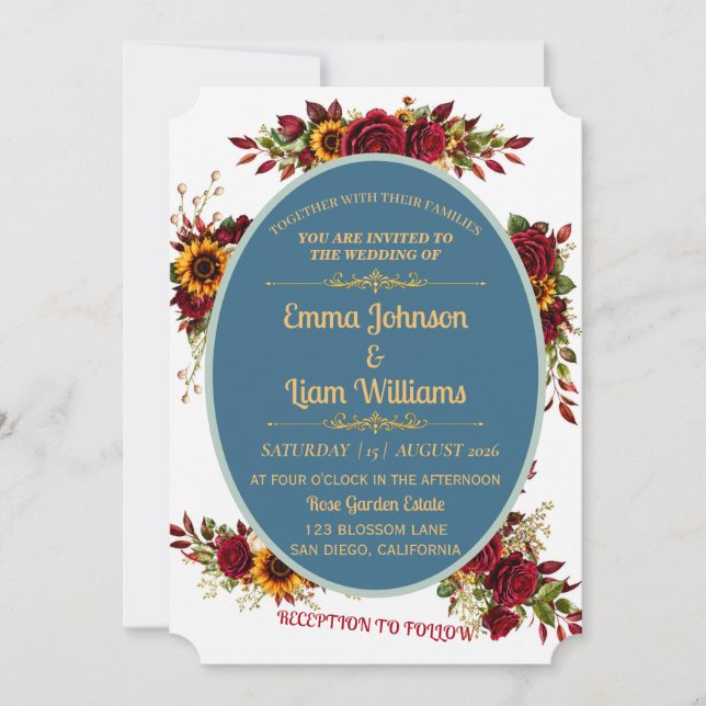 Invitación de boda floral dorada de Borgoña (Anverso)