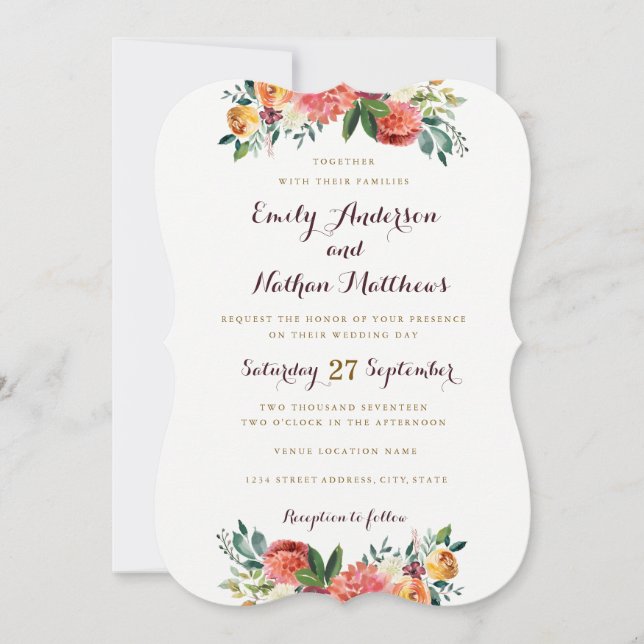 Invitación de boda floral dorada de Borgoña (Anverso)