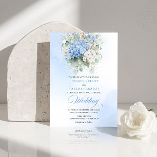 Invitación de boda floral dorada de hortensias azu