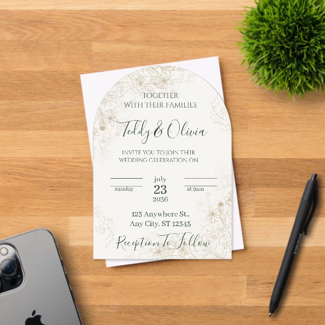 Invitación de boda floral dorada elegante (Insitu (Tarjeta de Invitación))