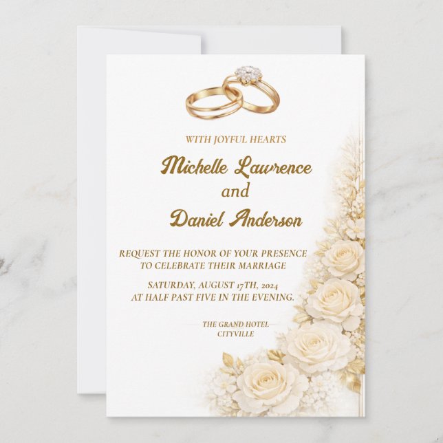 Invitación de Boda Floral Dorada Elegante (Anverso)