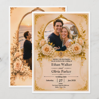 Invitación de boda floral dorada elegante