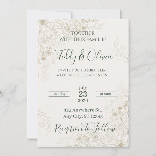 Invitación de boda floral dorada elegante (Anverso)