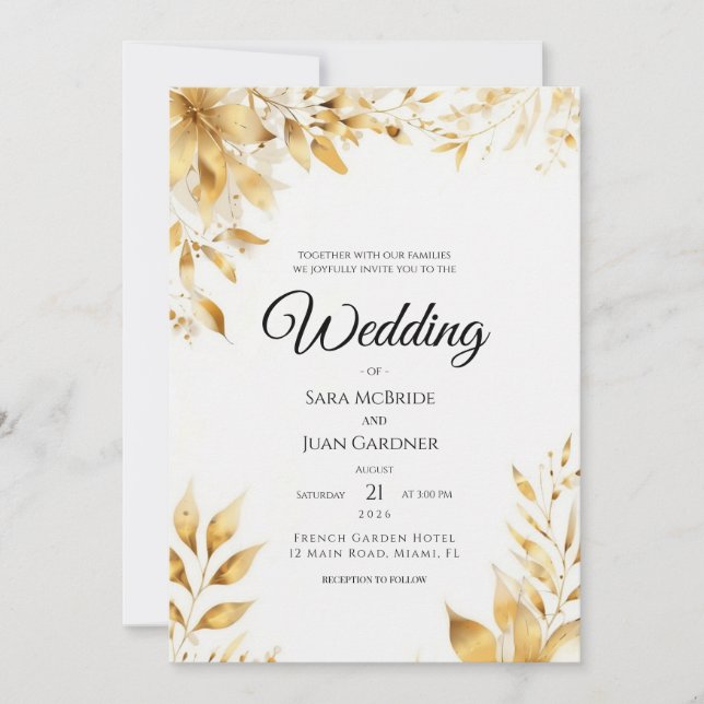 Invitación de boda floral dorada elegante (Anverso)