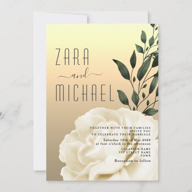 Invitación de boda floral dorada elegante (Anverso)