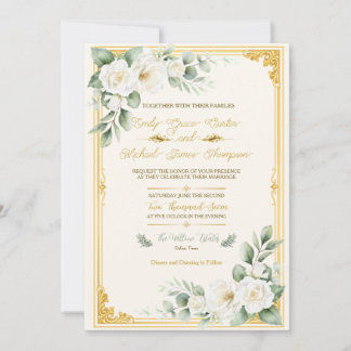 Invitación de boda floral dorada elegante