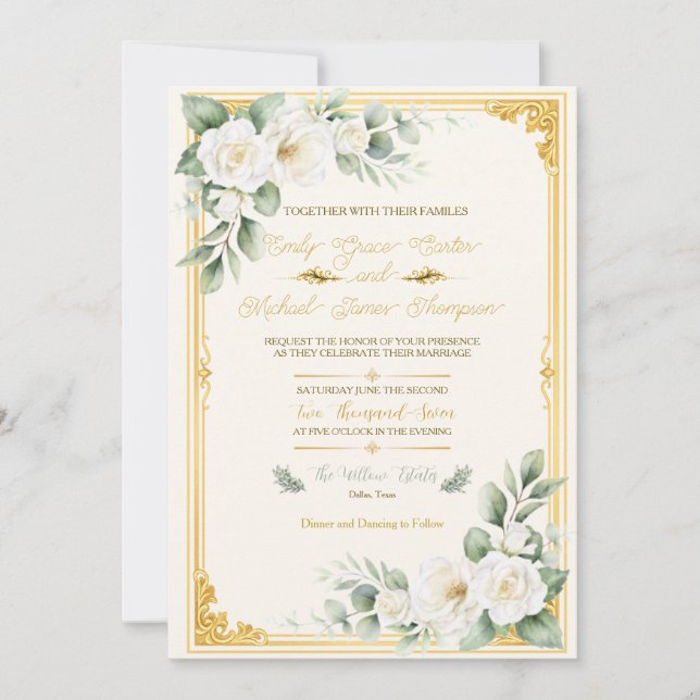 Invitación de boda floral dorada elegante (Anverso)