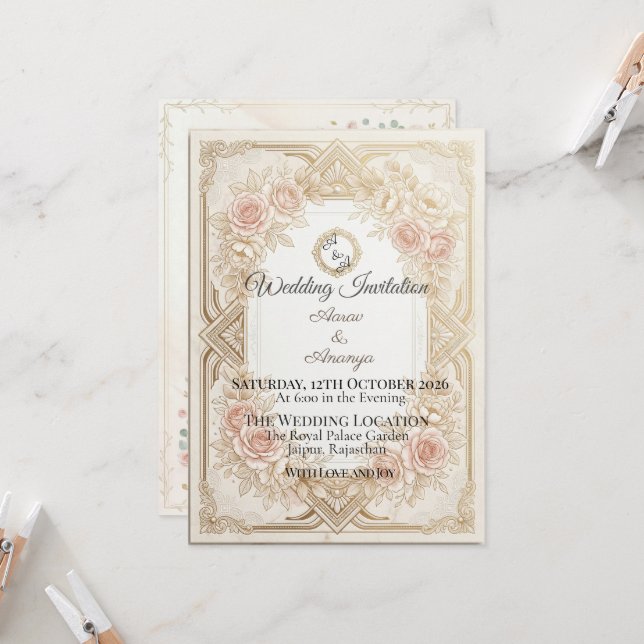 Invitación de boda floral dorada elegante | Editab (Anverso/Reverso In Situ)