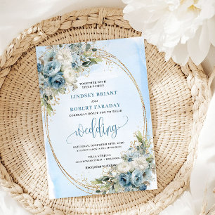 Invitación de boda floral dorada en azul polvorien