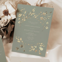 Invitación de boda floral dorada en verde salvia