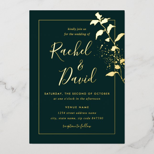 Invitación de boda floral dorada esmeralda con lám (Anverso)