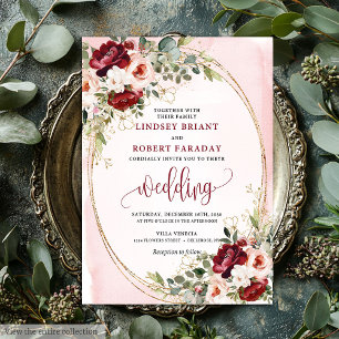 Invitación de boda floral dorada Merlot Boho clási