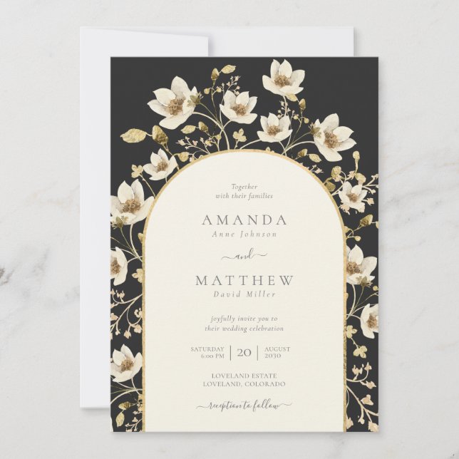 Invitación de boda floral dorada negra elegante (Anverso)