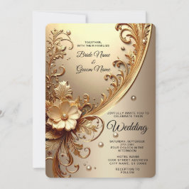 Invitación de boda floral dorada ornamentada