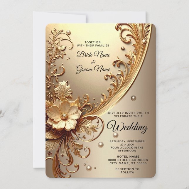 Invitación de boda floral dorada ornamentada (Anverso)