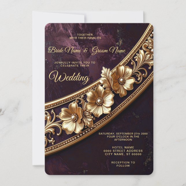Invitación de boda floral dorada ornamentada (Anverso)