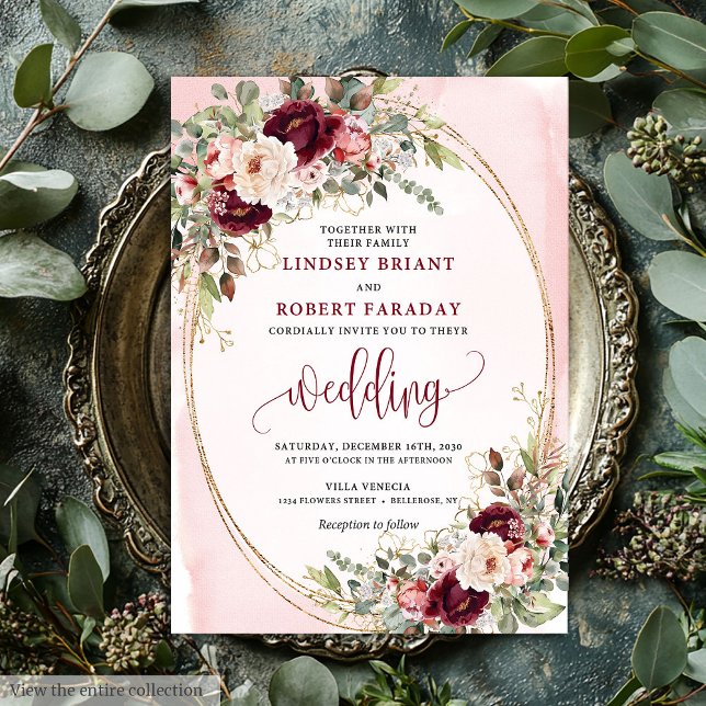 Invitación de boda floral dorada roja caprichosa b (Whimsical Boho Deep Red Gold Floral Wedding Invite)