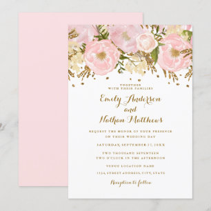 Invitación de boda floral dorada rosa Pretty Blush