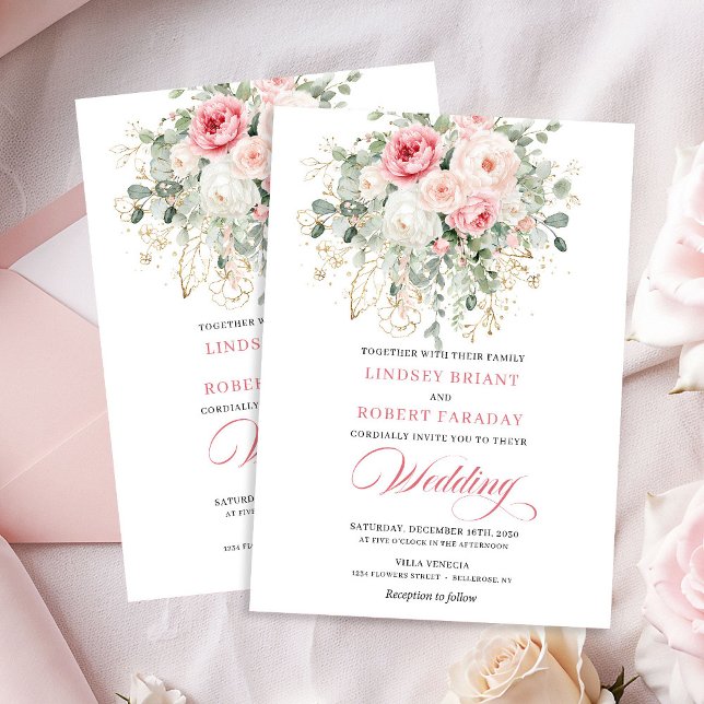 Invitación de boda floral dorada rosas Boho Blush (Boho Blush Roses Gold Floral Wedding Invitation)