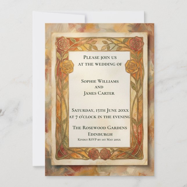 Invitación de boda floral dorada rústica (Anverso)