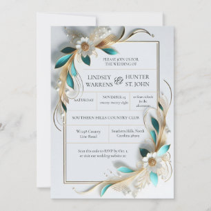 Invitación de boda floral dorada turquesa