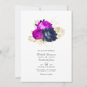 Invitación de boda floral dorada y azul marino mag