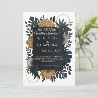  Invitación de boda floral dorada y azul marino mo