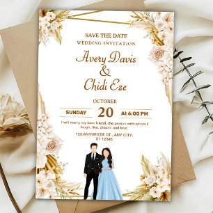 Invitación de boda floral dorada y beige