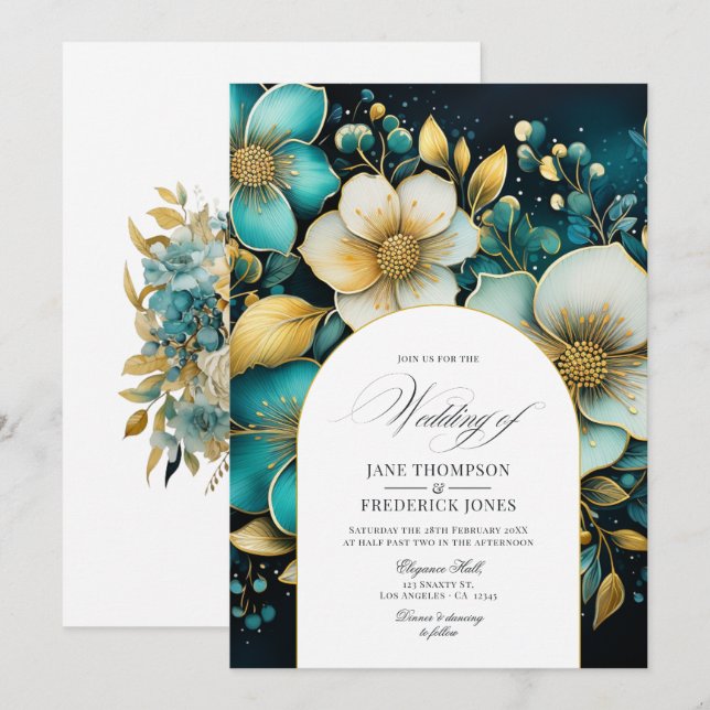 Invitación de boda floral dorada y turquesa (Anverso / Reverso)