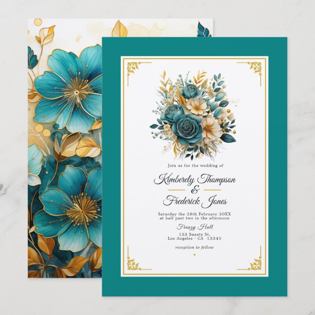 Invitación de boda floral dorada y turquesa (Anverso / Reverso)
