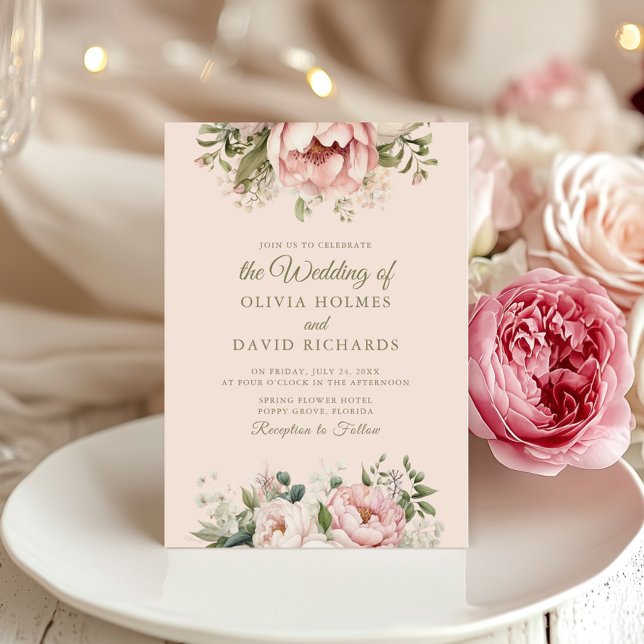 Invitación de boda floral Dusty Blush (Soft Peach and Blush Pink Floral Wedding Invitation on an elegant wedding table with peonies)