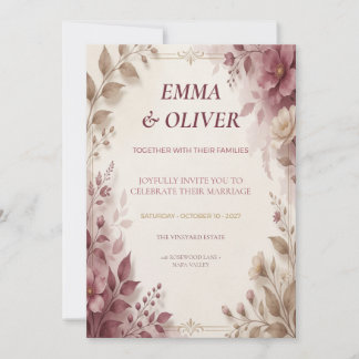 Invitación de boda floral Dusty Rose y Mocha