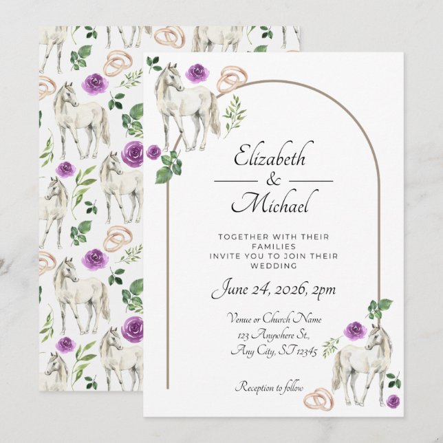 Invitación de Boda Floral Ecuestre Rústica Morada (Anverso / Reverso)