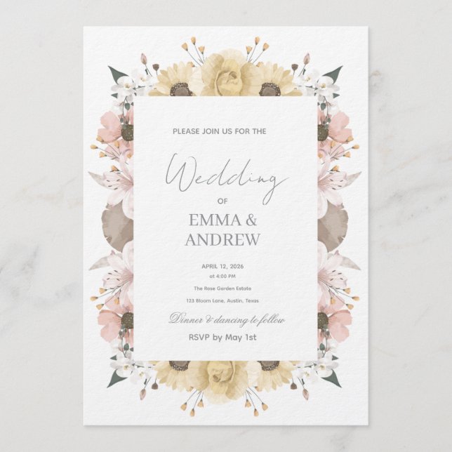Invitación de boda floral - Elegante  (Anverso)