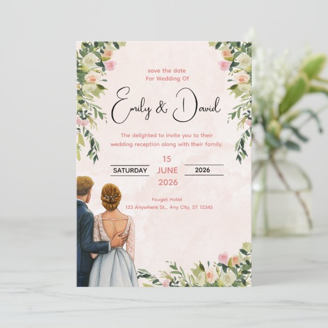 Invitación de boda floral elegante (Anverso de pie)