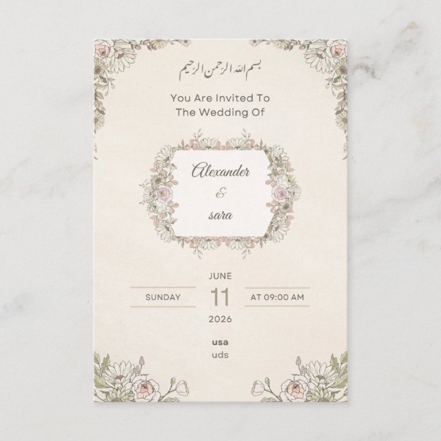 Invitación de Boda Floral Elegante – Árabe e Inglé (Anverso)
