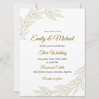 Invitación de boda floral elegante con letra dorad