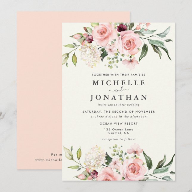 Invitación de boda floral elegante con rosa - Crem (Anverso / Reverso)