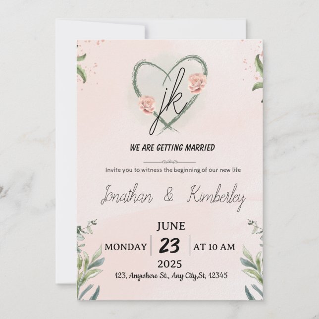 Invitación de boda floral elegante con rosa rubor (Anverso)